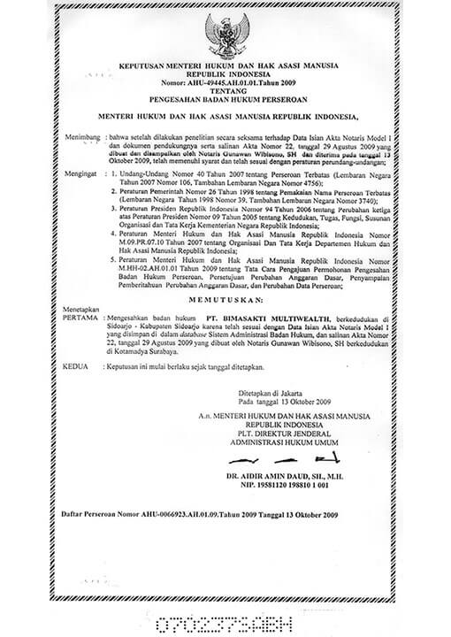 PENGESAHAN BADAN HUKUM PERSEROAN PT Bimasakti Multi Sinergi