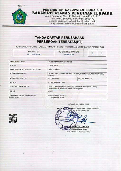 TANDA DAFTAR PERUSAHAAN PERSEROAN TERBATAS PT Bimasakti Multi Sinergi